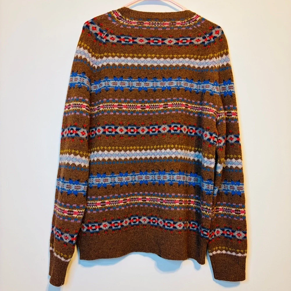 100% Lambs wool J. Crew Brown and Blue Patterned Crewneck Sweater